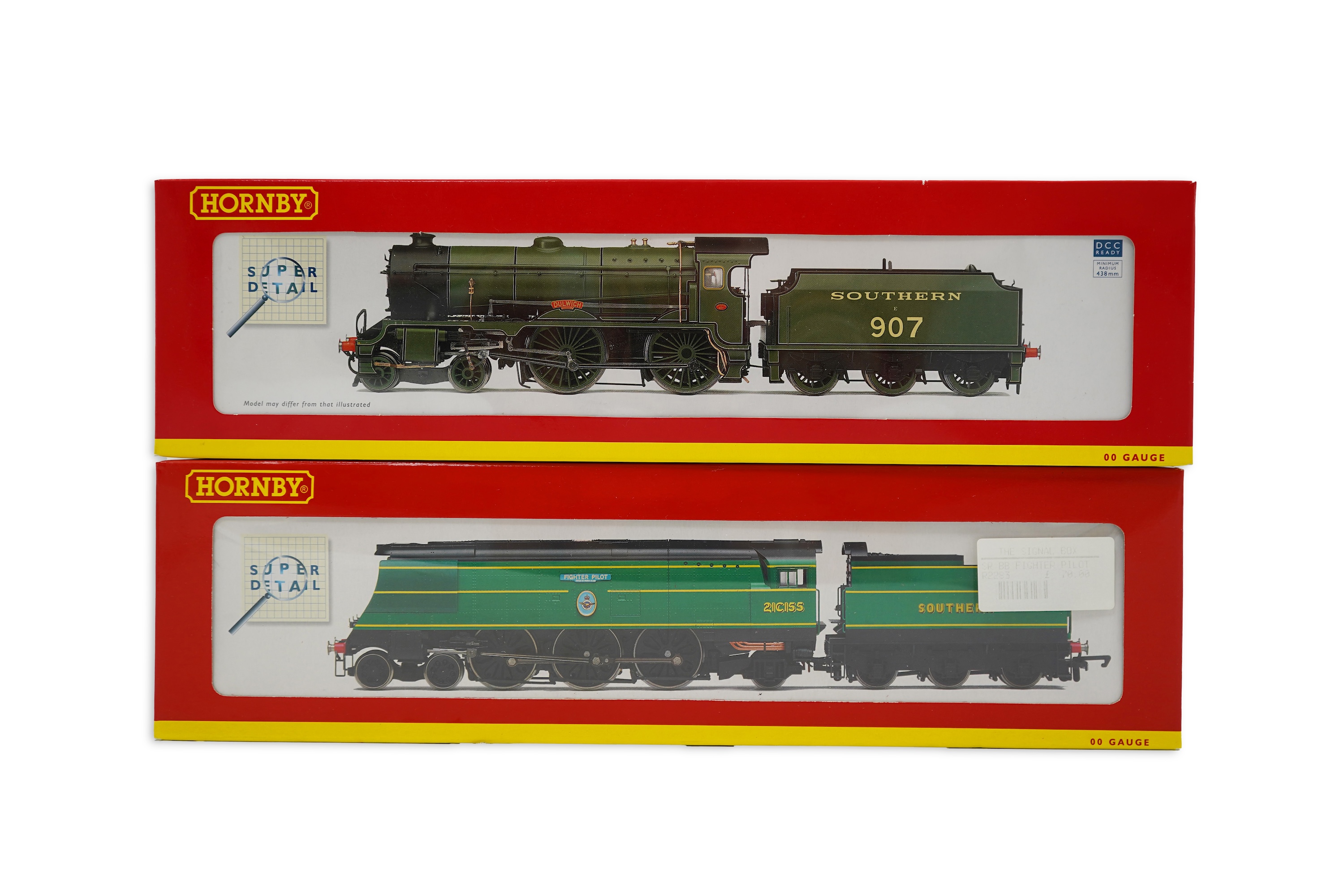 Two boxed Hornby Hobbies 00 gauge railway Southern Railway tender locomotives; a Battle of Britain Class, Fighter Pilot 21C155, (R2283), together with a Schools Class, Dulwich 907, (R2843)